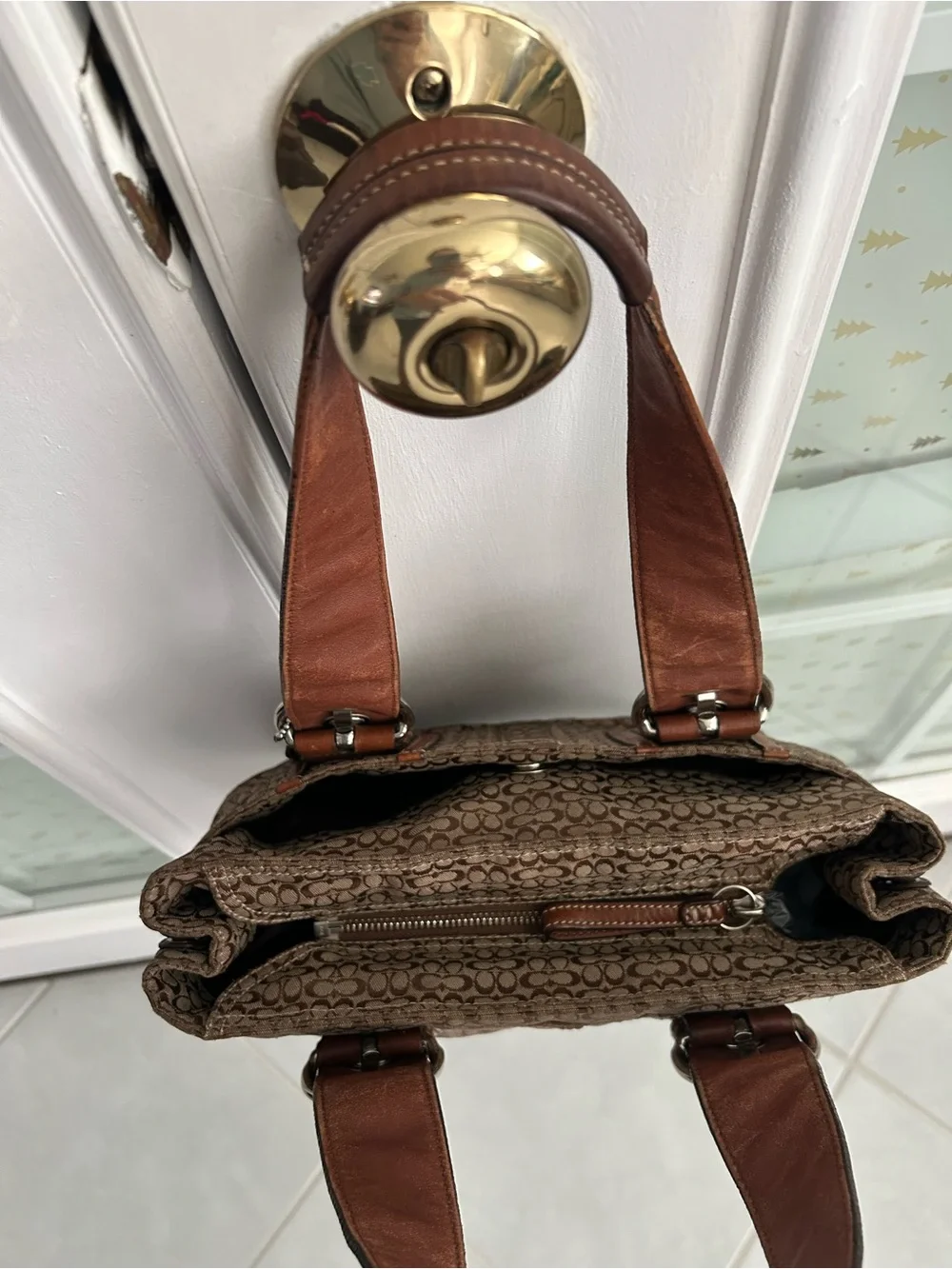 Coach Brown Signature Shoulder Bag with Leather Trim